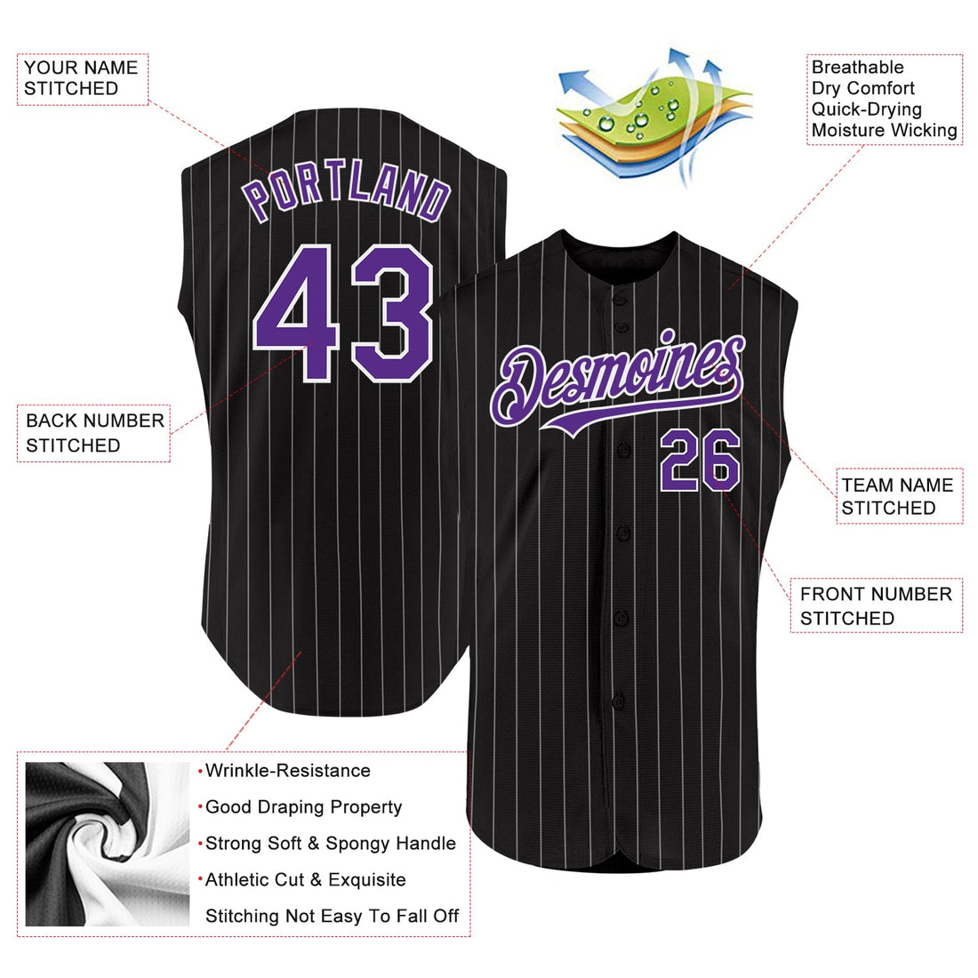 Custom Black White Pinstripe Royal Authentic Sleeveless Baseball Jersey