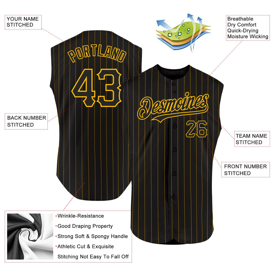 Custom Black Gold Pinstripe Purple Authentic Sleeveless Baseball Jersey