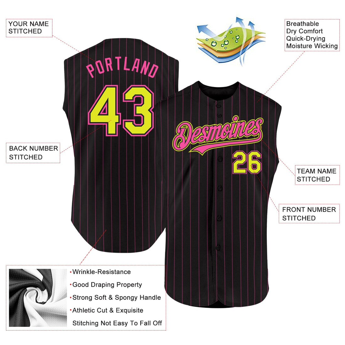 Custom Black Pink Pinstripe Purple Authentic Sleeveless Baseball Jersey