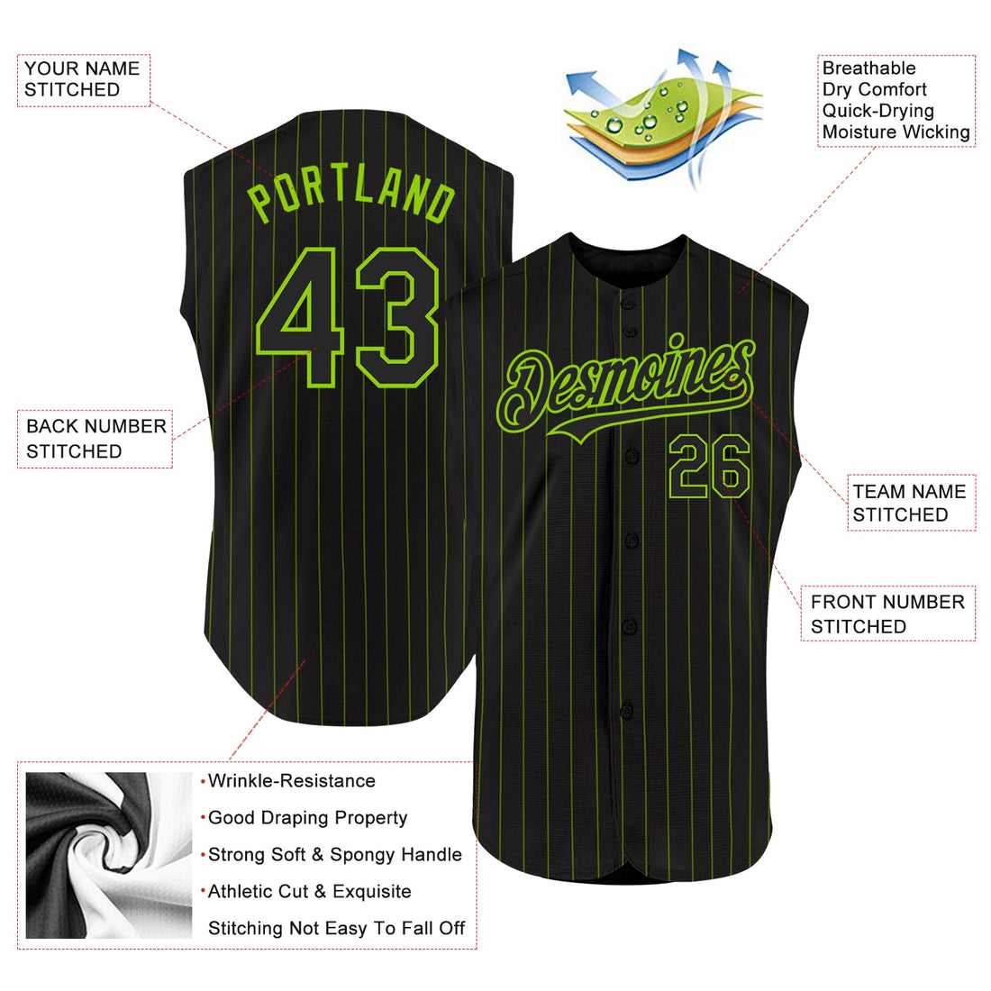 Custom Black Neon Green Pinstripe Pink Authentic Sleeveless Baseball Jersey