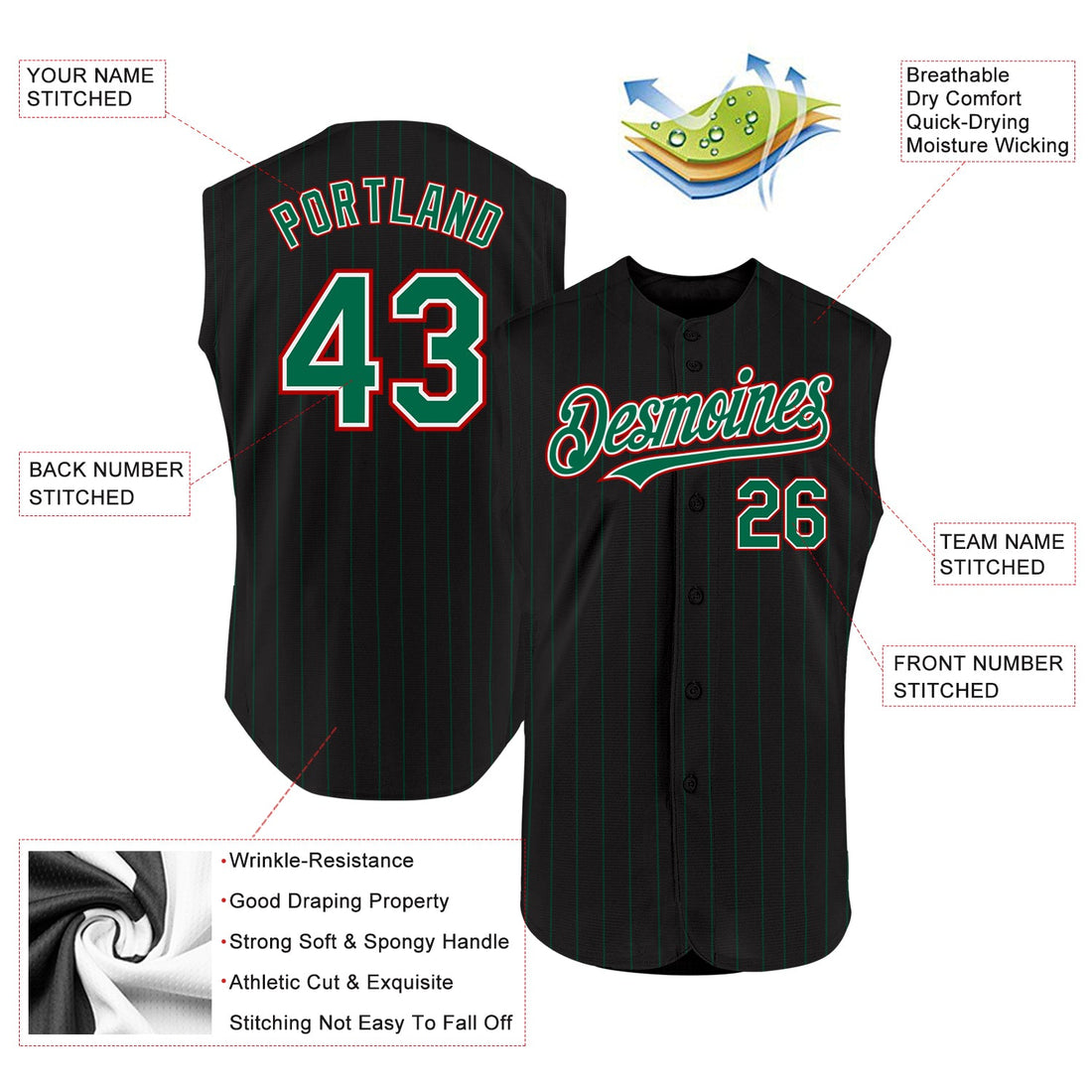 Custom Black Kelly Green Pinstripe White-Red Authentic Sleeveless Baseball Jersey