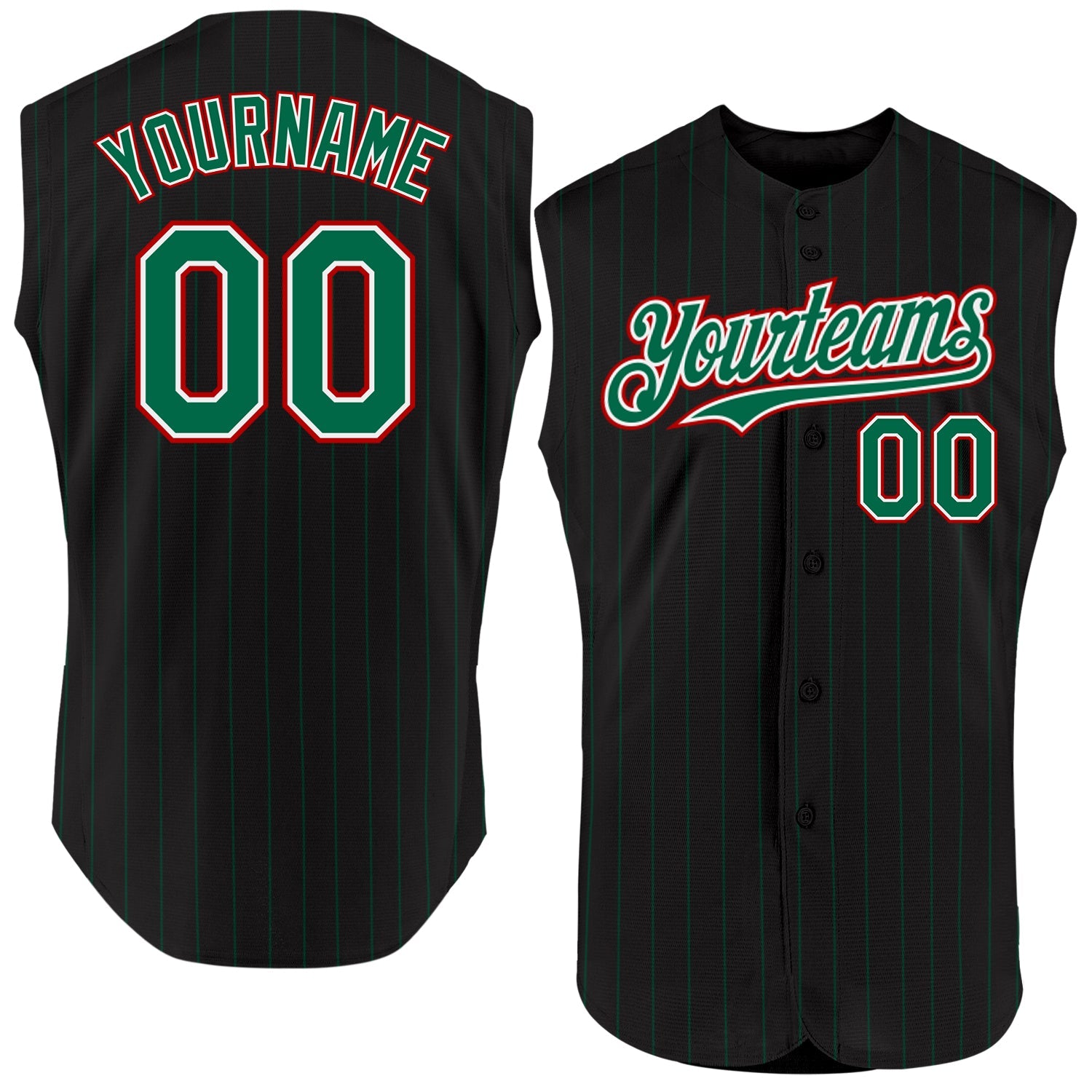 Custom Black Kelly Green Pinstripe White-Red Authentic Sleeveless Baseball Jersey