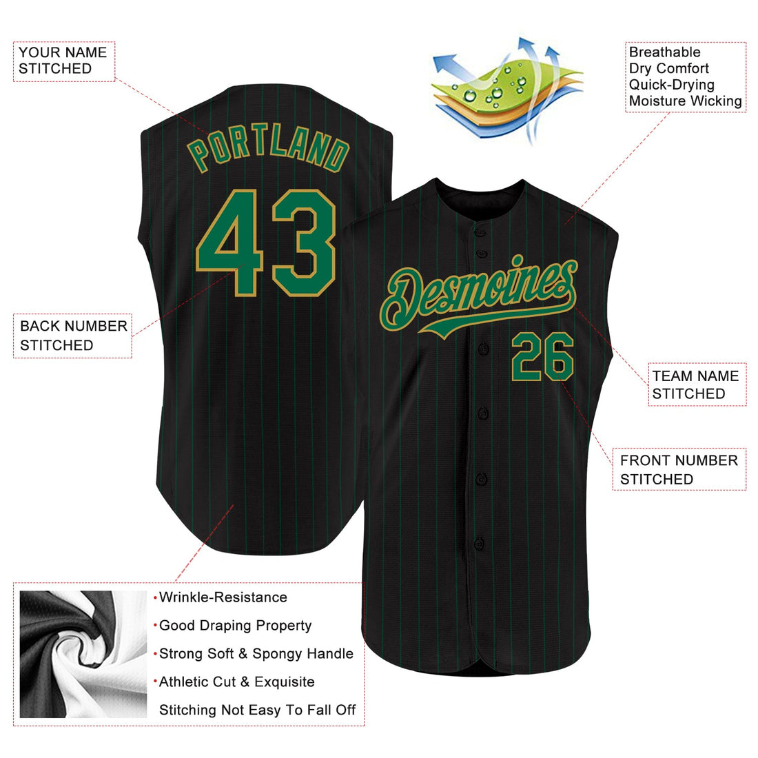 Custom Black Kelly Green Pinstripe Old Gold Authentic Sleeveless Baseball Jersey