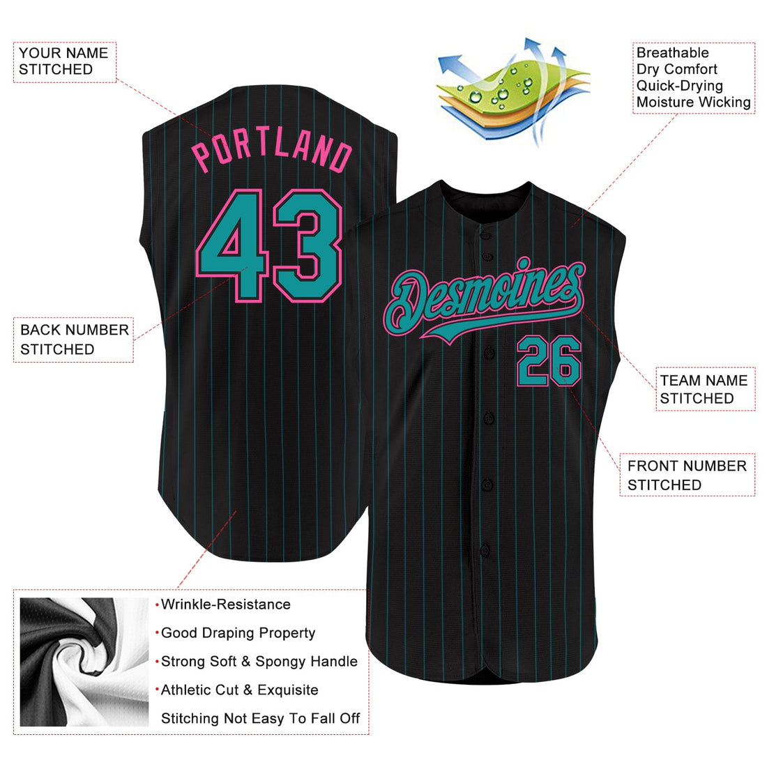 Custom Black Teal Pinstripe Pink Authentic Sleeveless Baseball Jersey