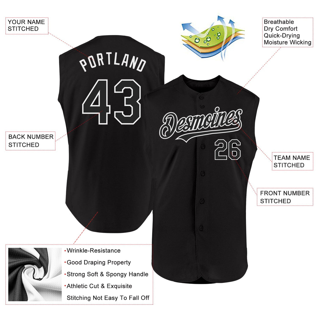 Custom Black White Authentic Sleeveless Baseball Jersey