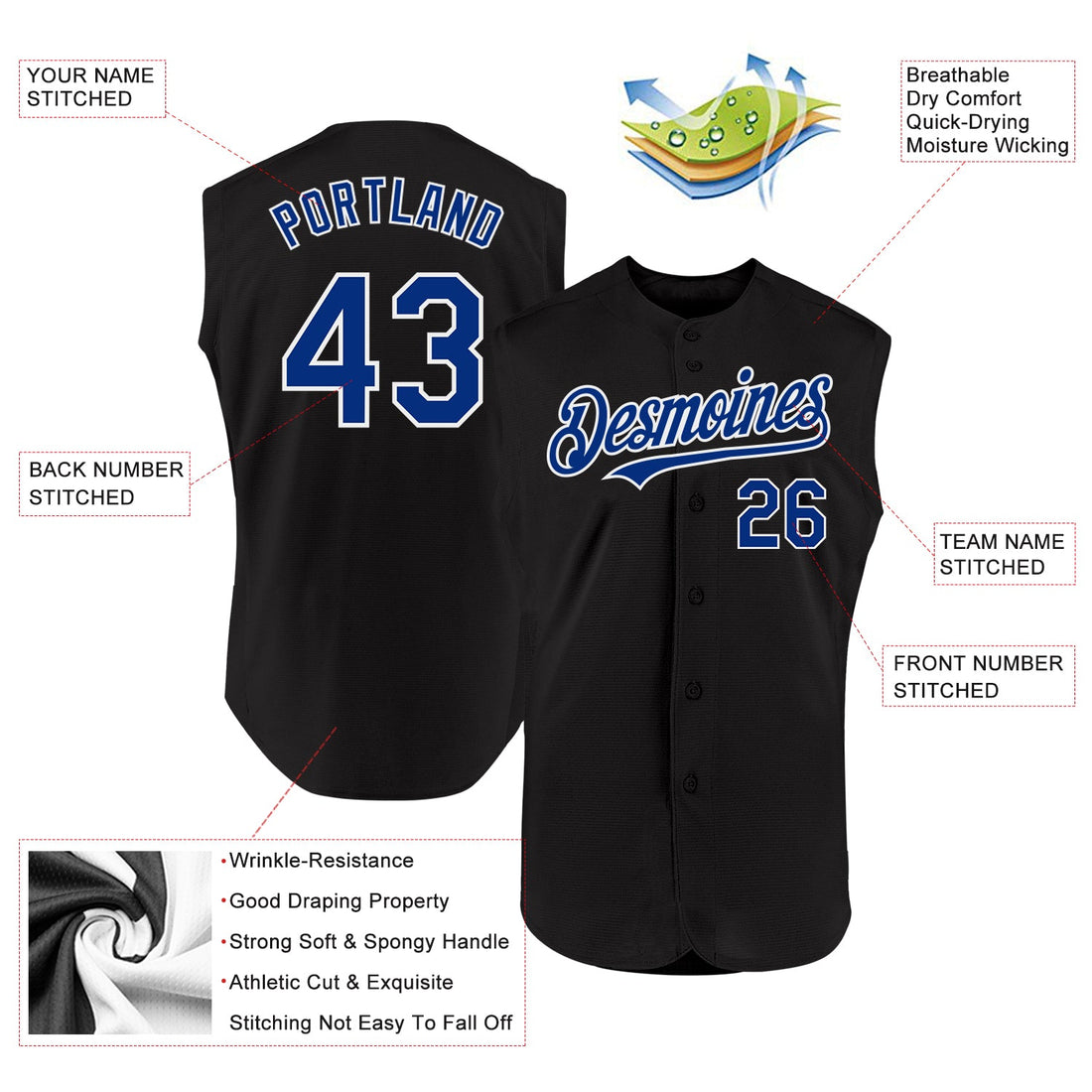 Custom Black Royal-White Authentic Sleeveless Baseball Jersey