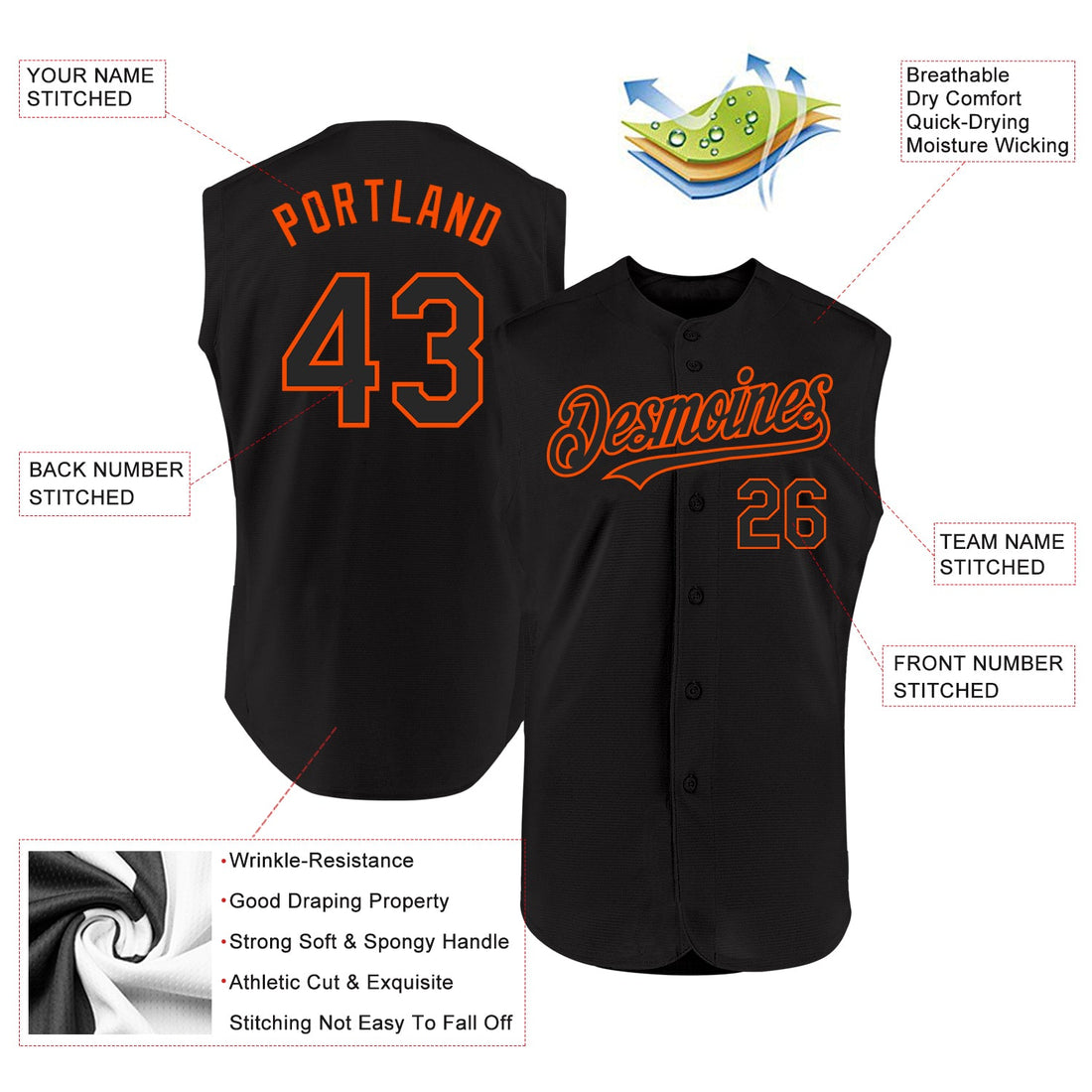 Custom Black Orange Authentic Sleeveless Baseball Jersey