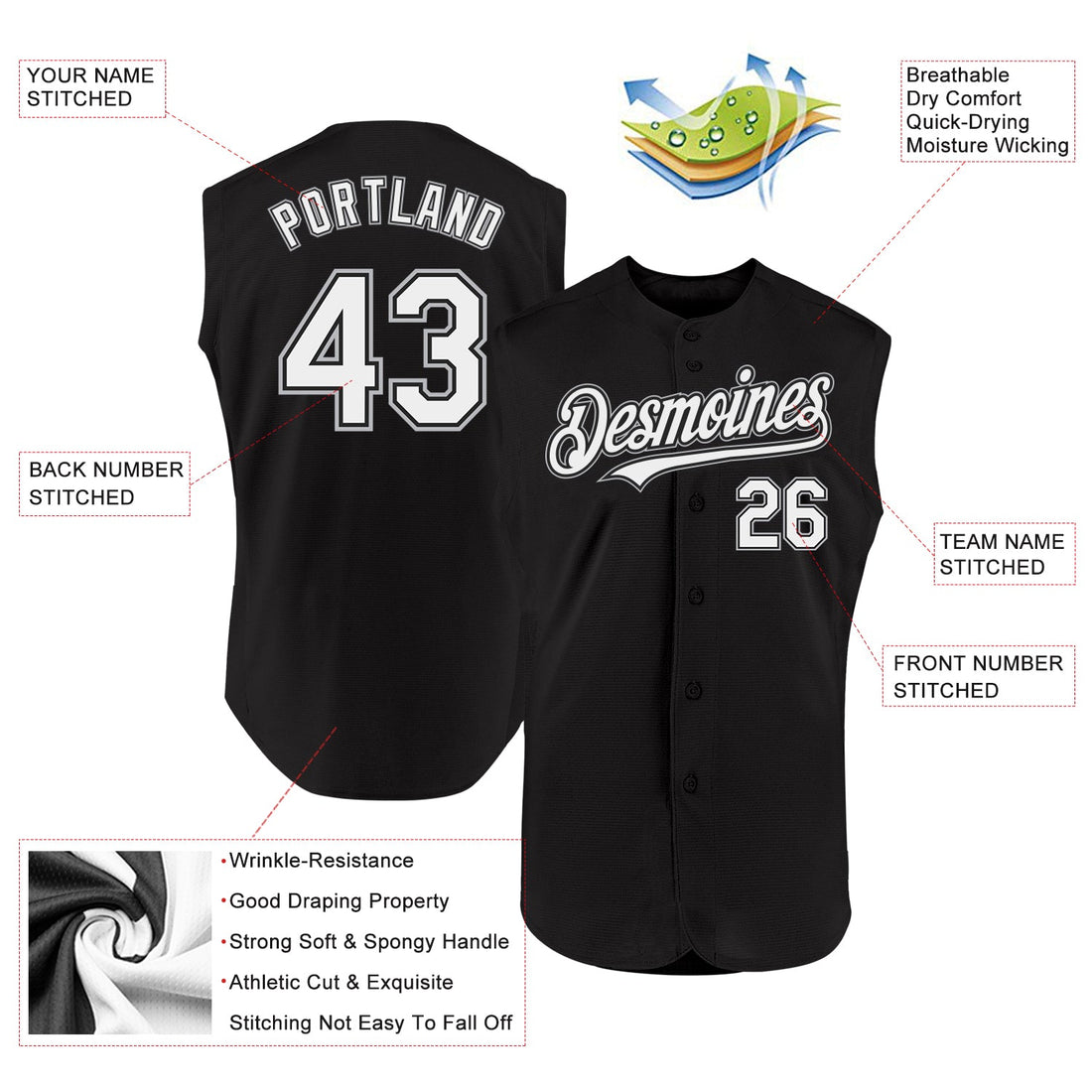 Custom Black White-Gray Authentic Sleeveless Baseball Jersey