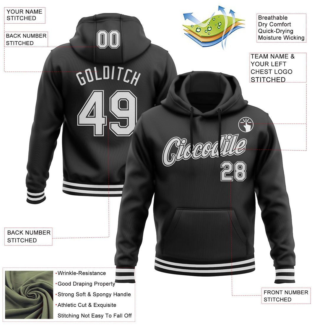 Custom Stitched Black White Sports Pullover Sweatshirt Hoodie