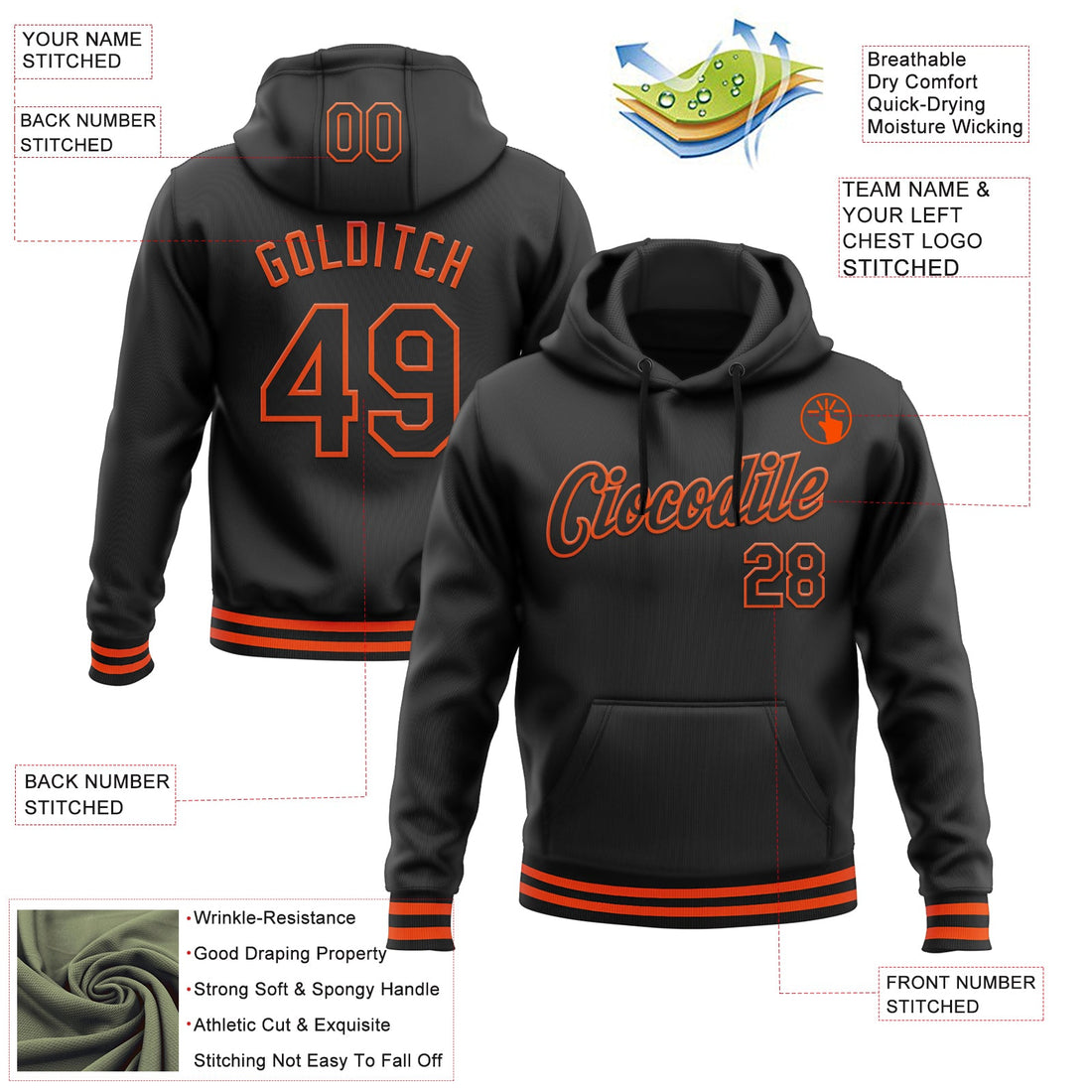 Custom Stitched Black Orange Sports Pullover Sweatshirt Hoodie