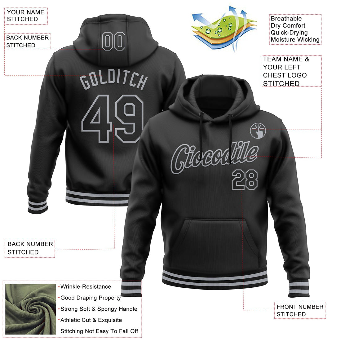 Custom Stitched Black Gray Sports Pullover Sweatshirt Hoodie