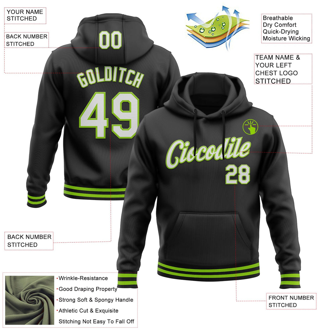 Custom Stitched Black White-Neon Green Sports Pullover Sweatshirt Hoodie