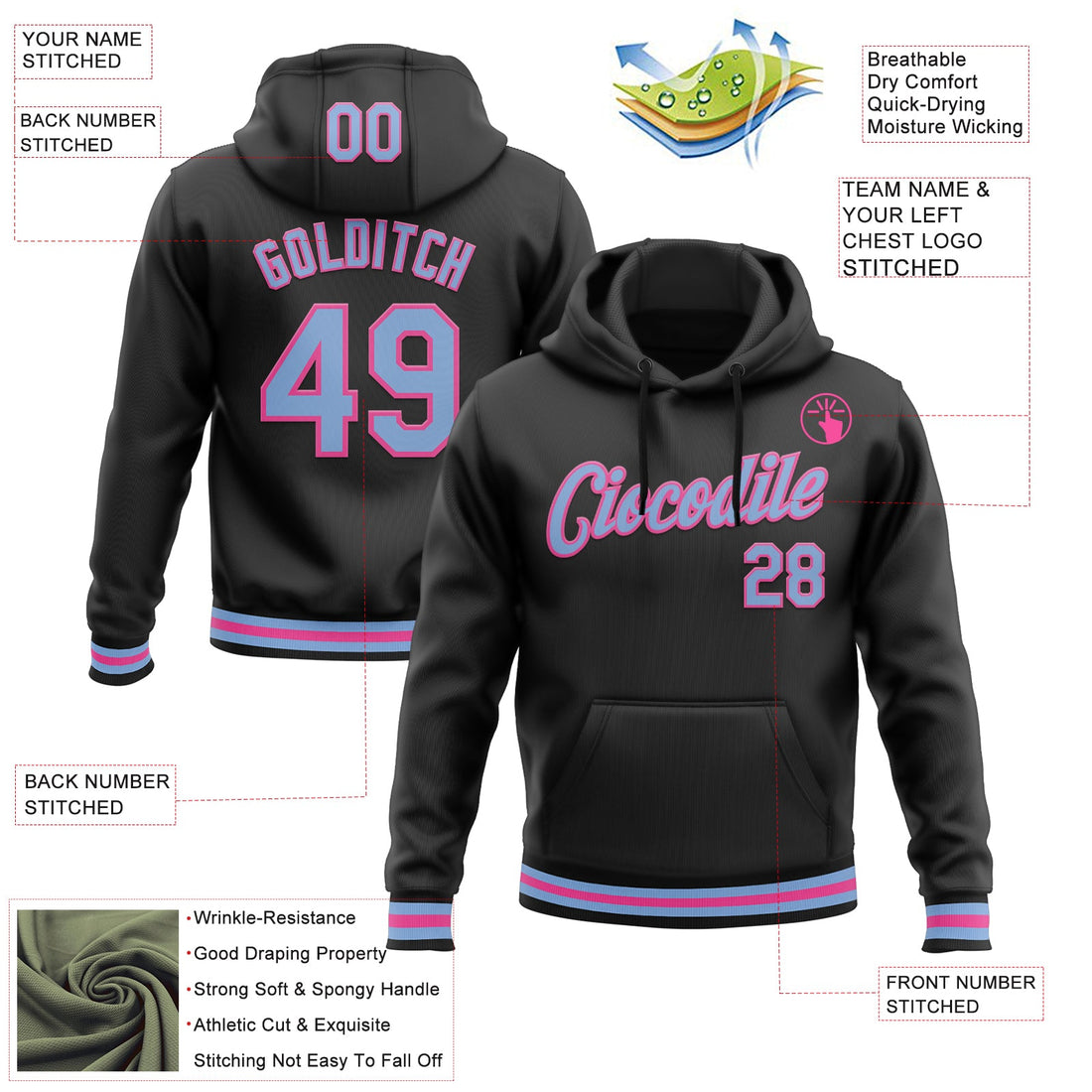 Custom Stitched Black Light Blue-Pink Sports Pullover Sweatshirt Hoodie