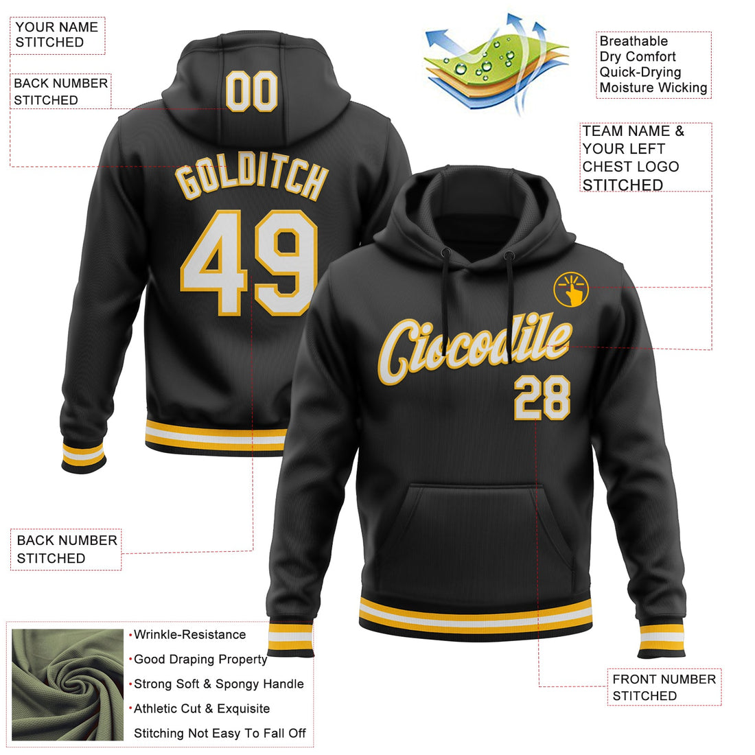 Custom Stitched Black White-Gold Sports Pullover Sweatshirt Hoodie