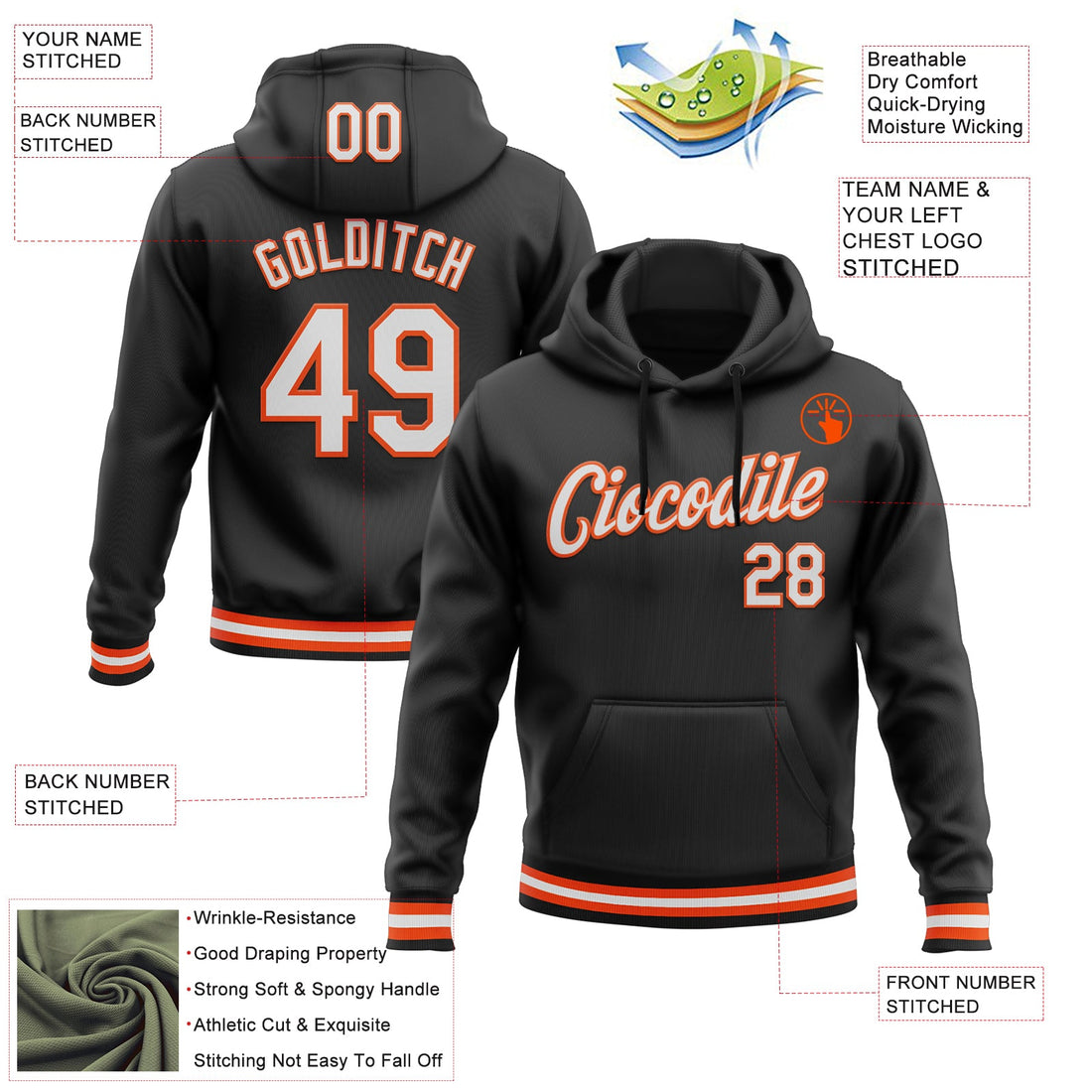 Custom Stitched Black White-Orange Sports Pullover Sweatshirt Hoodie