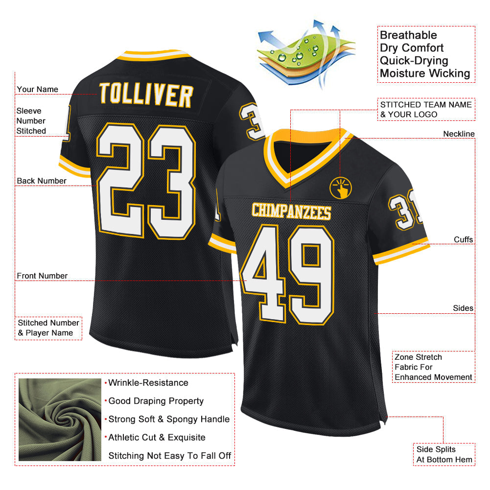 Custom Black White-Gold Mesh Authentic Throwback Football Jersey