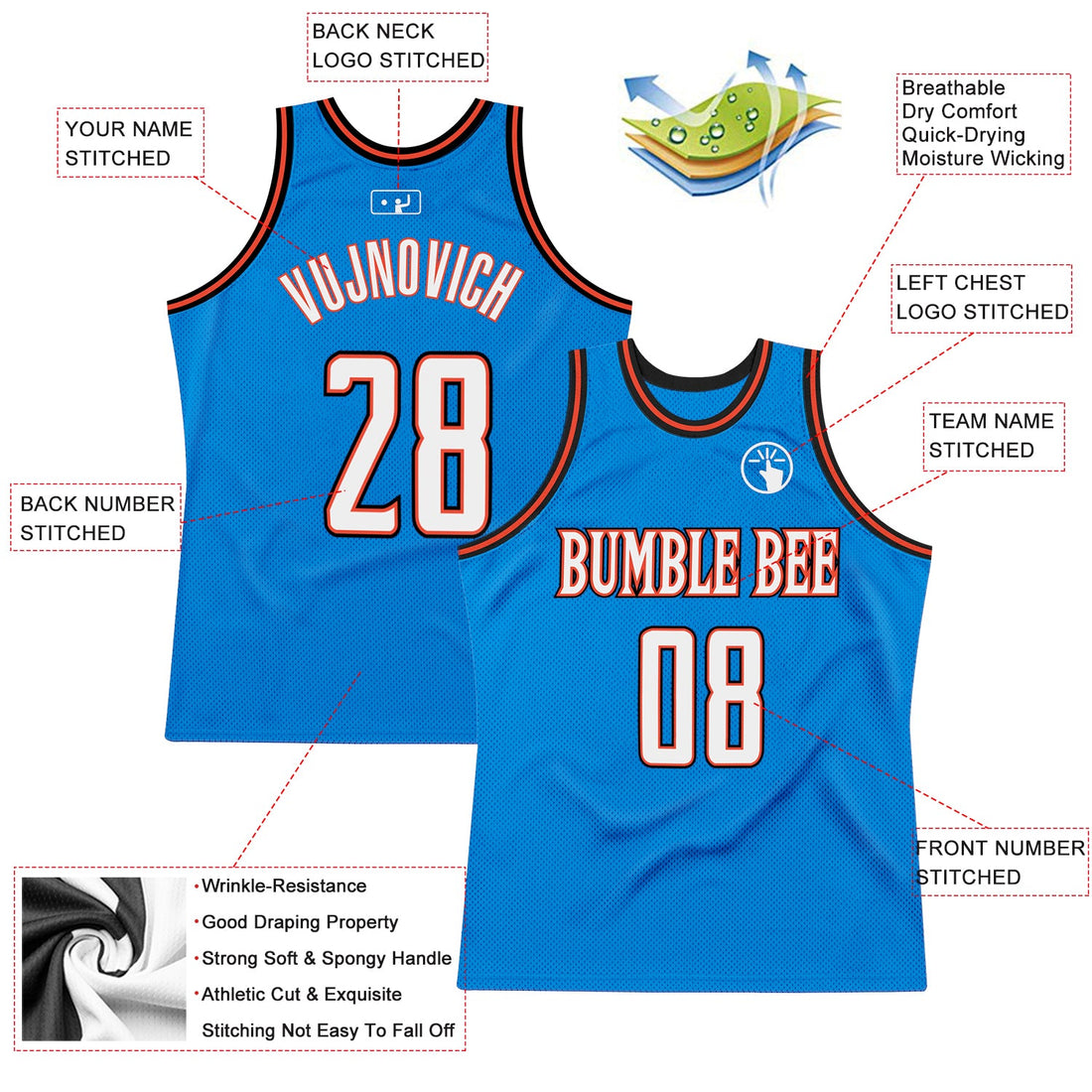 Custom Blue White-Orange Authentic Throwback Basketball Jersey