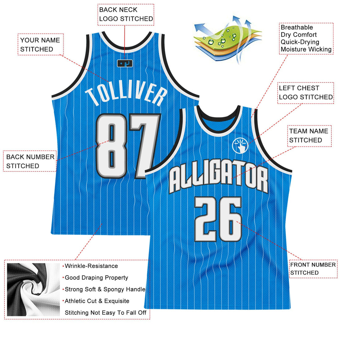 Custom Blue White Pinstripe White-Black Authentic Basketball Jersey