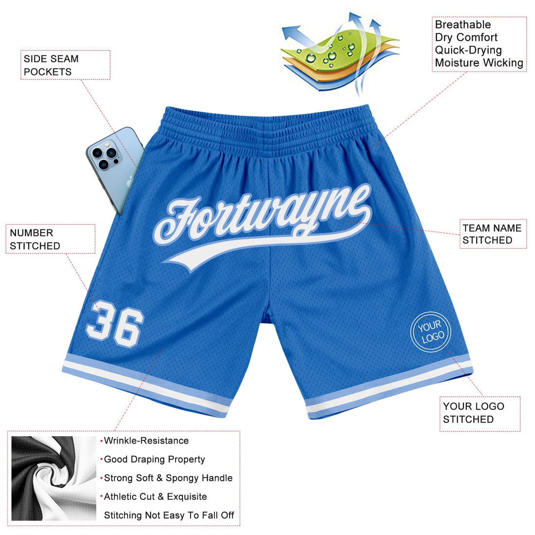 Custom Blue White-Light Blue Authentic Throwback Basketball Shorts