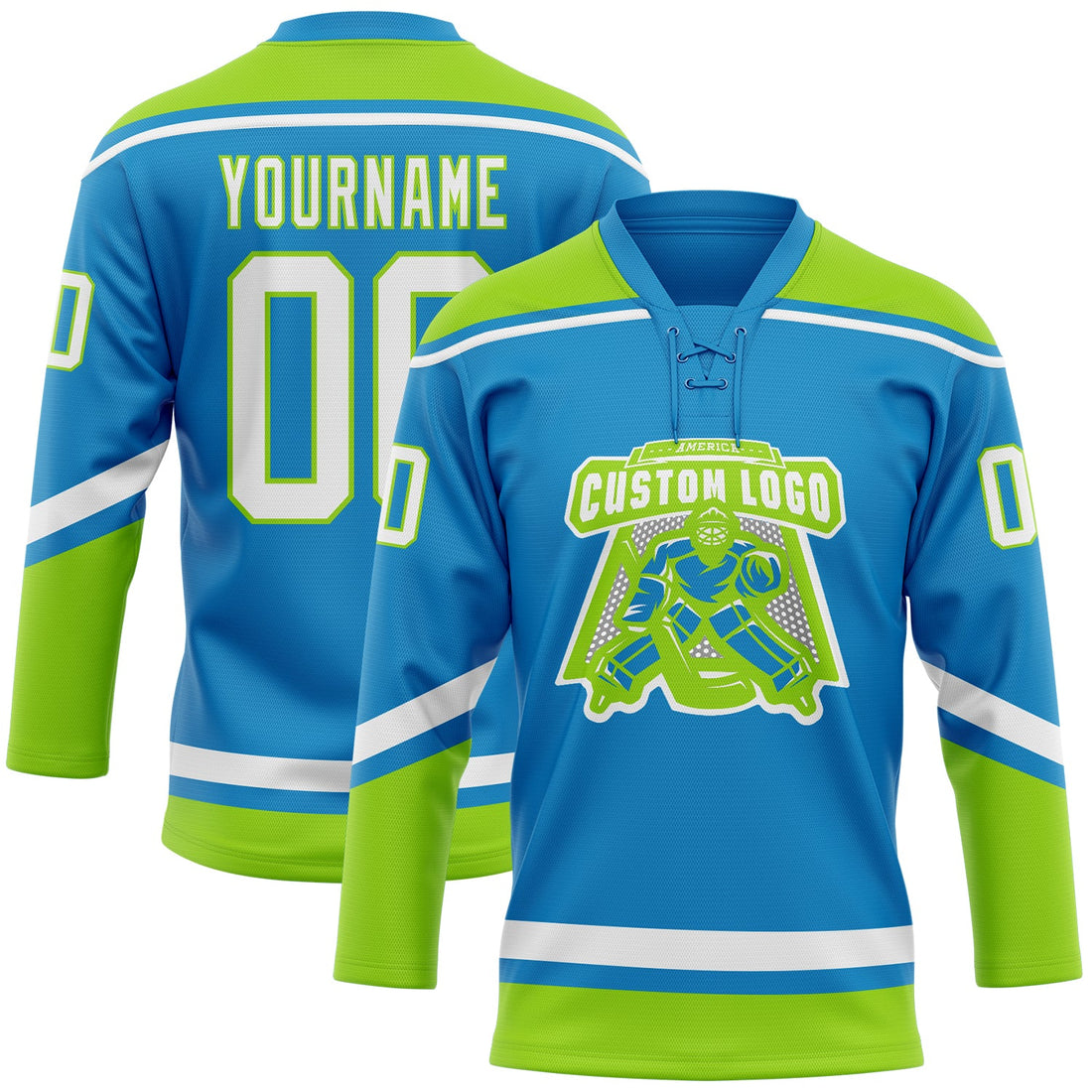 Custom Blue White-Neon Green Hockey Lace Neck Jersey