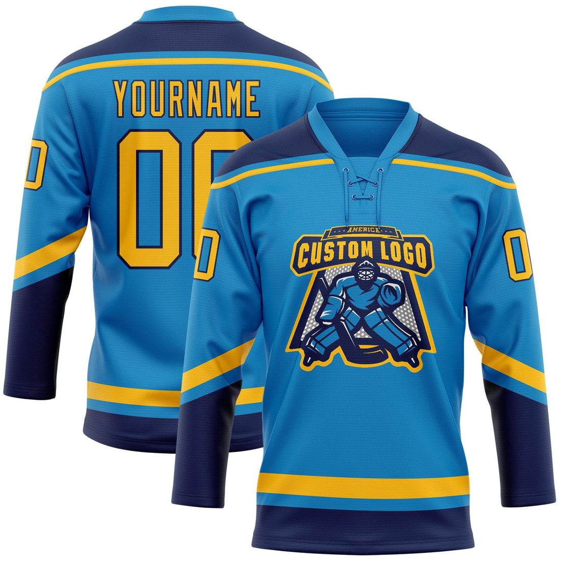 Custom Blue Gold-Navy Hockey Lace Neck Jersey