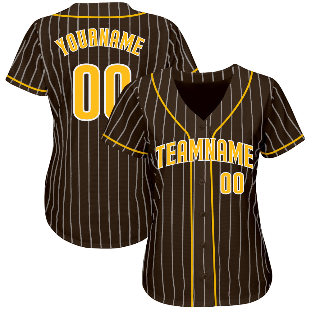 Custom Brown White Pinstripe Gold-White Authentic Baseball Jersey