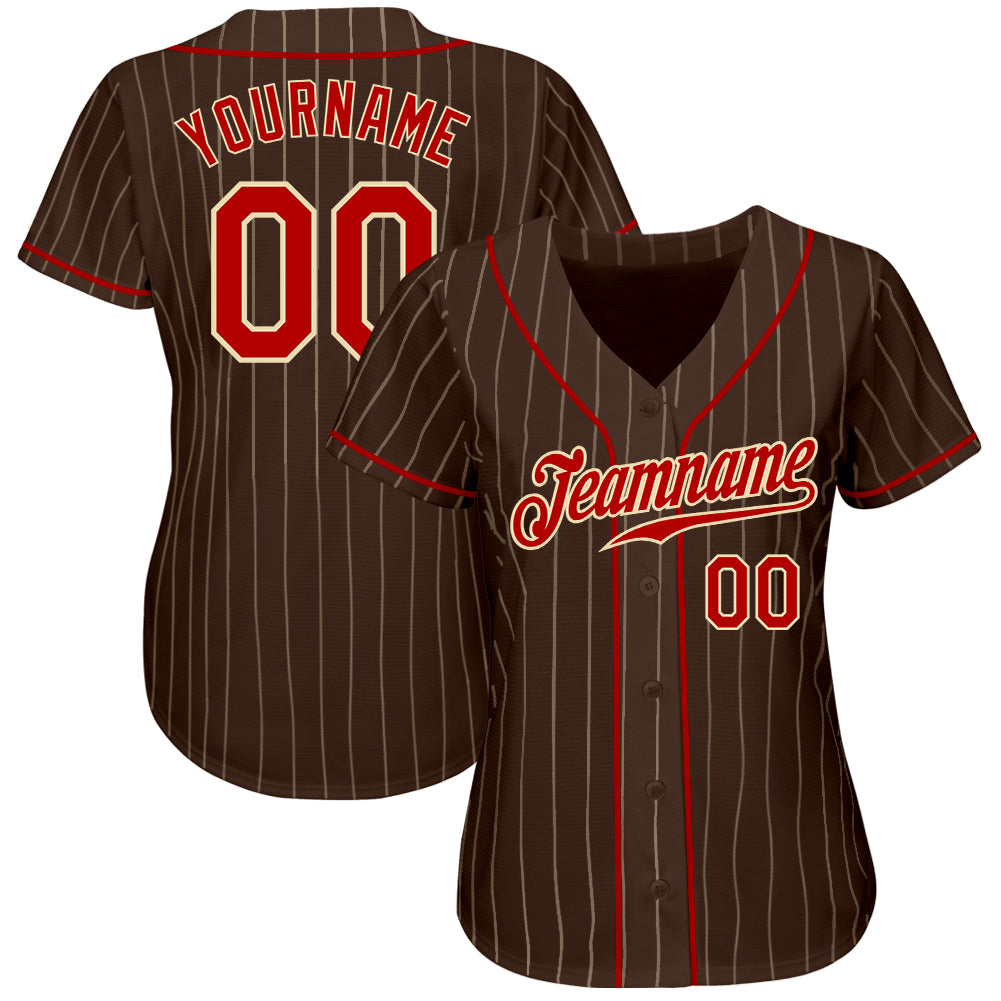 Custom Brown Cream Pinstripe Red-Cream Authentic Baseball Jersey