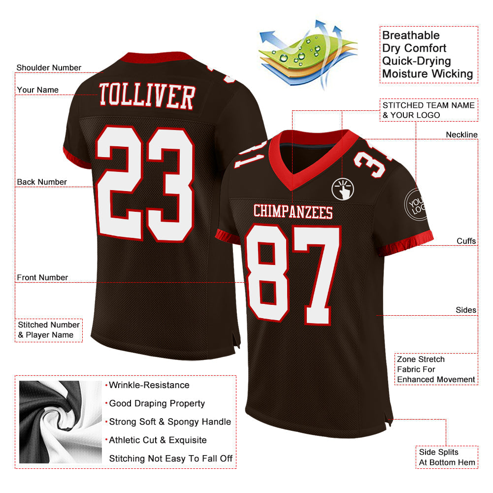 Custom Brown White-Red Mesh Authentic Football Jersey