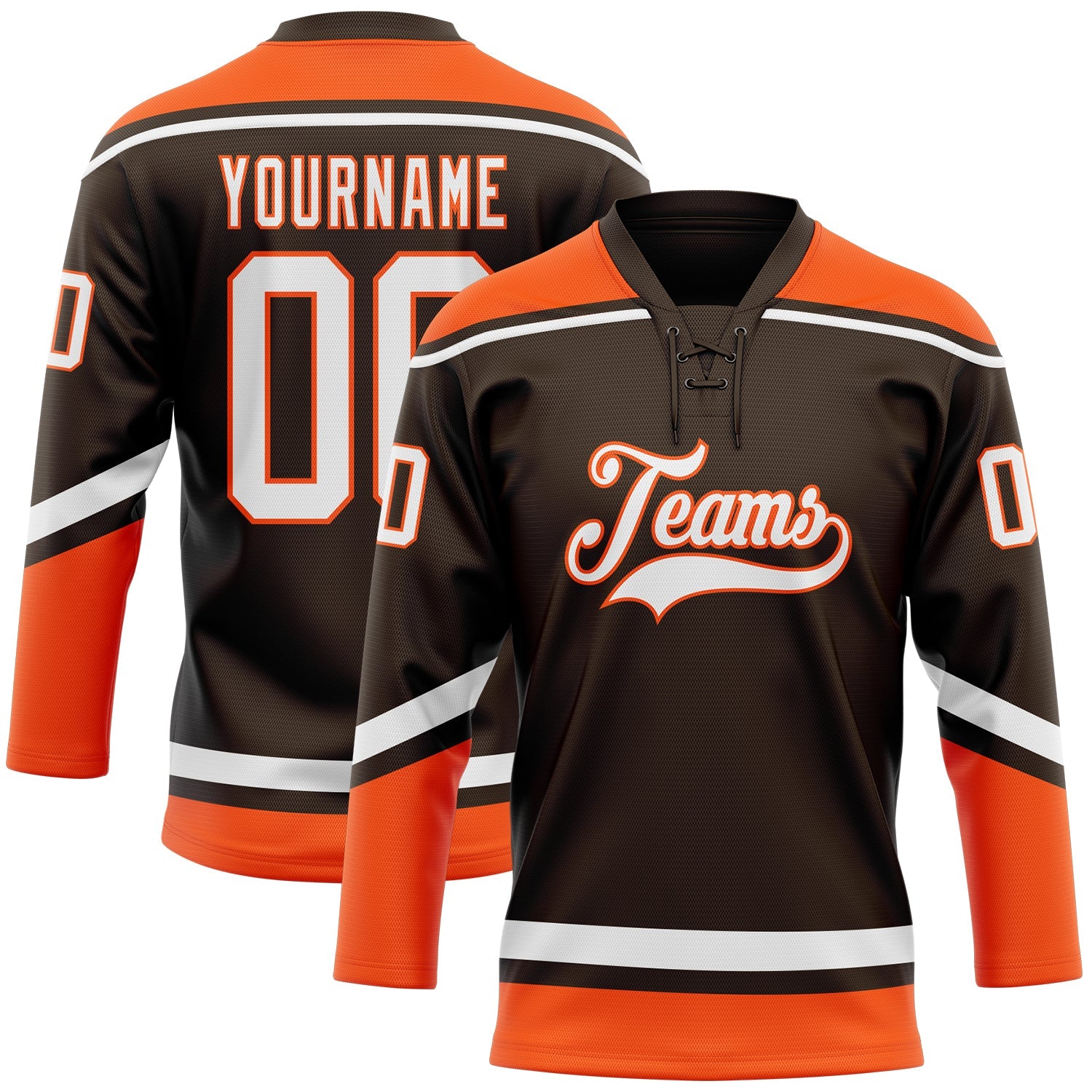 Custom Brown White-Orange Hockey Lace Neck Jersey