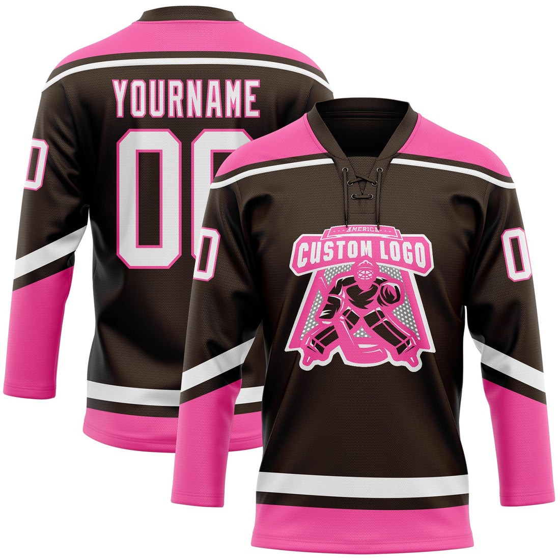 Custom Brown White-Pink Hockey Lace Neck Jersey