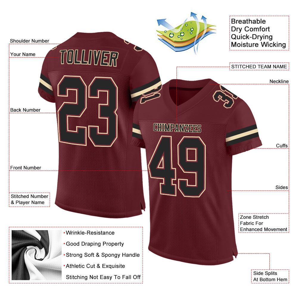 Custom Burgundy Black-Cream Mesh Authentic Football Jersey