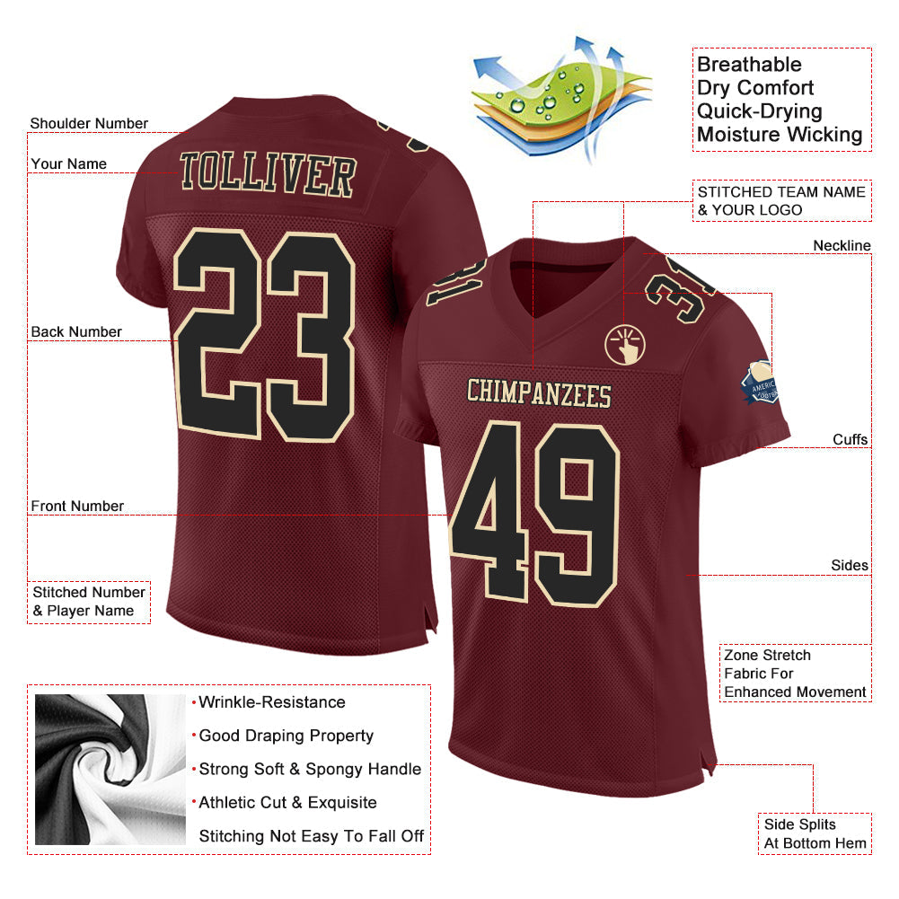 Custom Burgundy Black-Cream Mesh Authentic Football Jersey