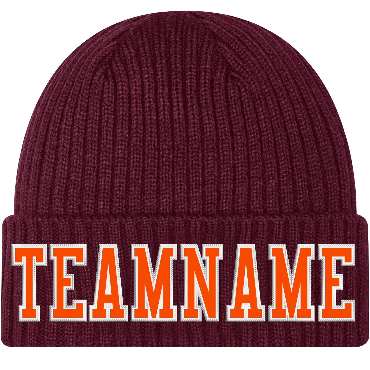 Custom Burgundy Orange-White Stitched Cuffed Knit Hat