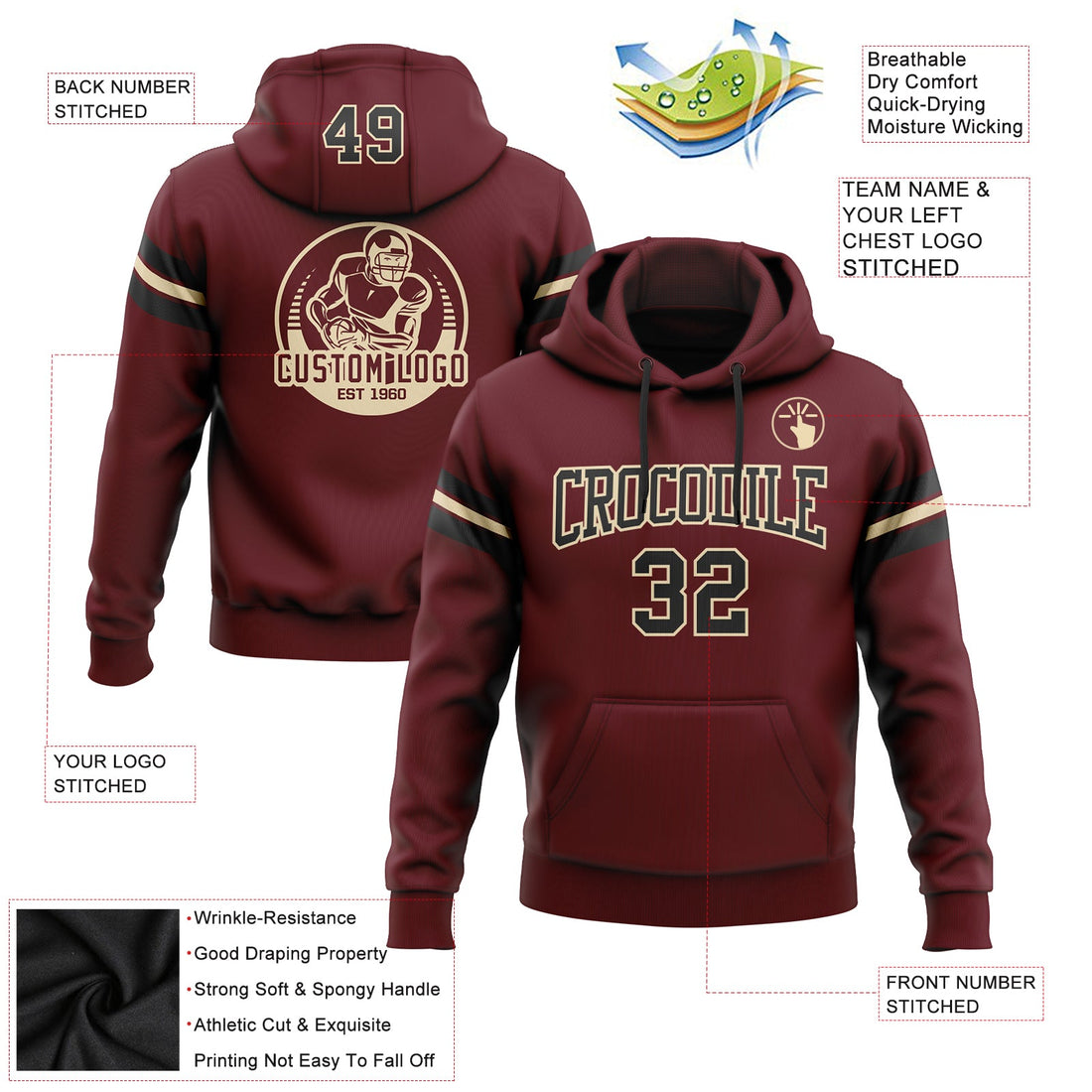 Custom Stitched Burgundy Black-Cream Football Pullover Sweatshirt Hoodie