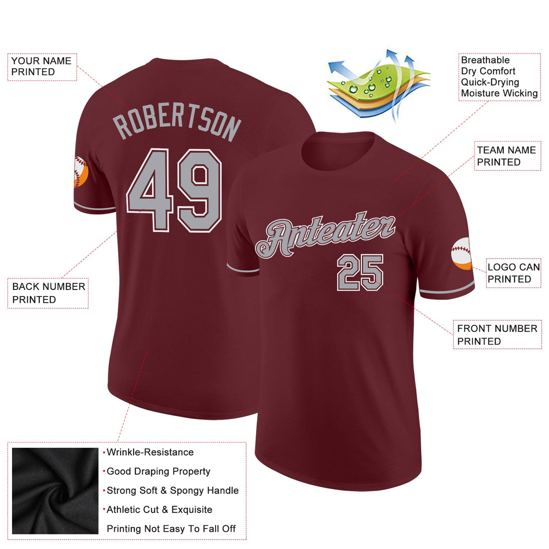 Custom Burgundy Gray-White Performance T-Shirt