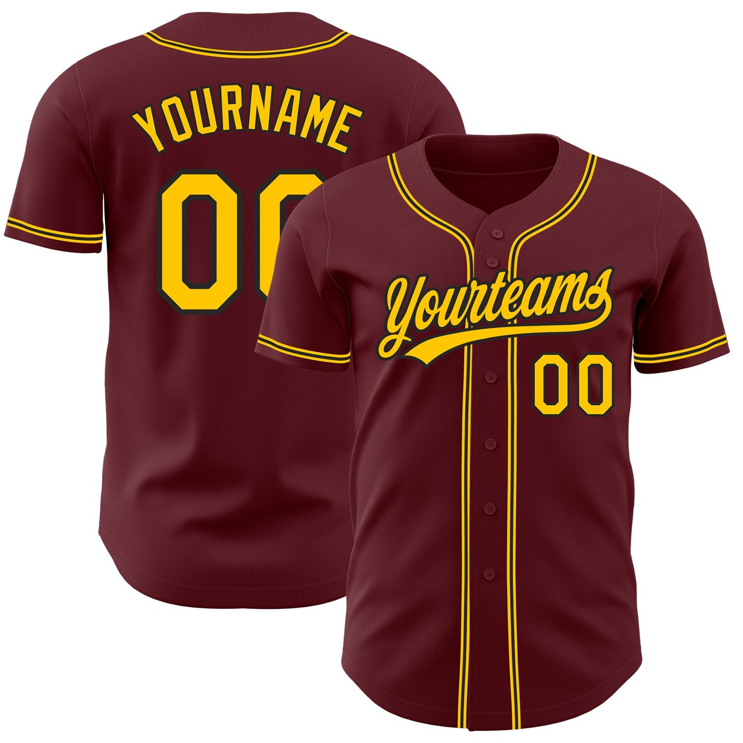 Custom Burgundy Yellow-Black Authentic Baseball Jersey