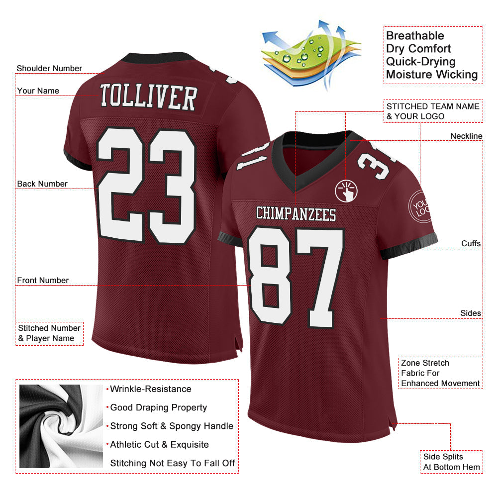 Custom Burgundy White-Black Mesh Authentic Football Jersey