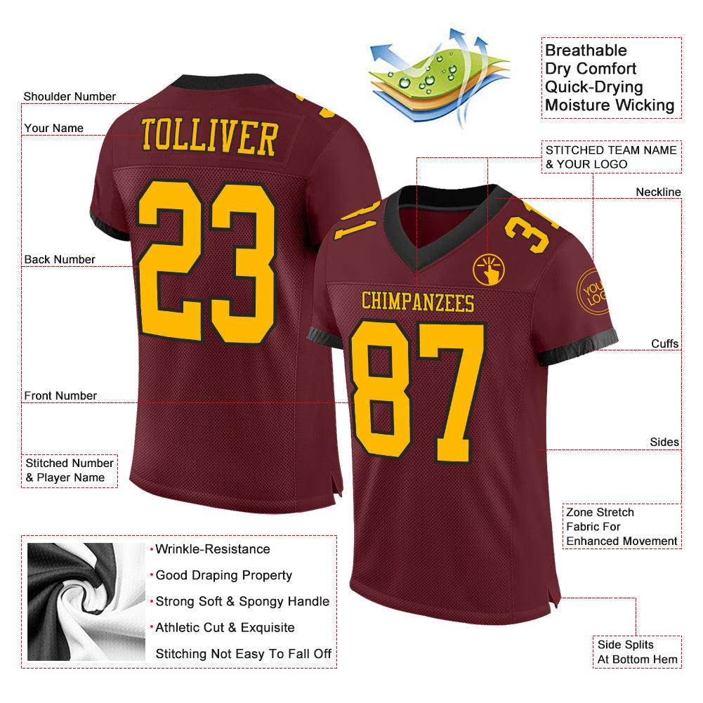 Custom Burgundy Gold-Black Mesh Authentic Football Jersey