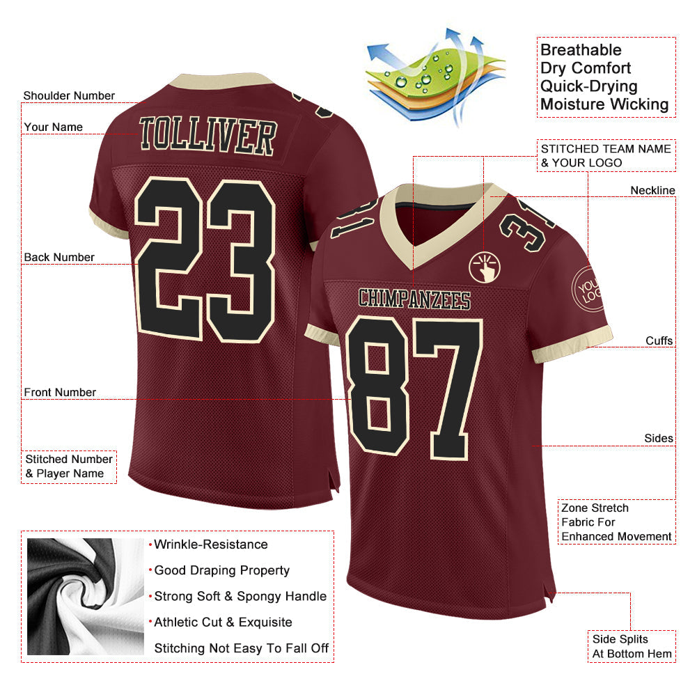 Custom Burgundy Black-Cream Mesh Authentic Football Jersey