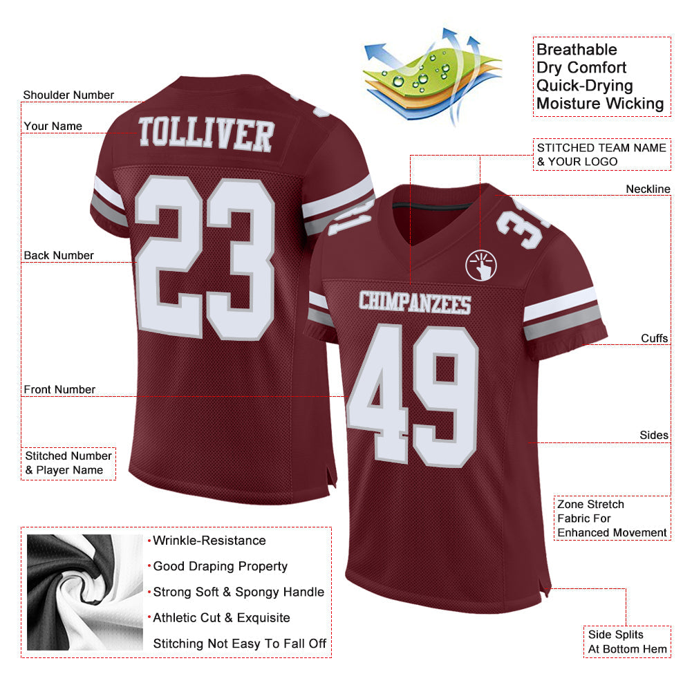 Custom Burgundy White-Gray Mesh Authentic Football Jersey