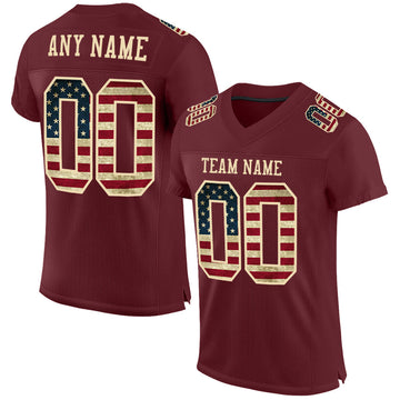 Custom Burgundy Vintage USA Flag-City Cream Mesh Authentic Football Jersey