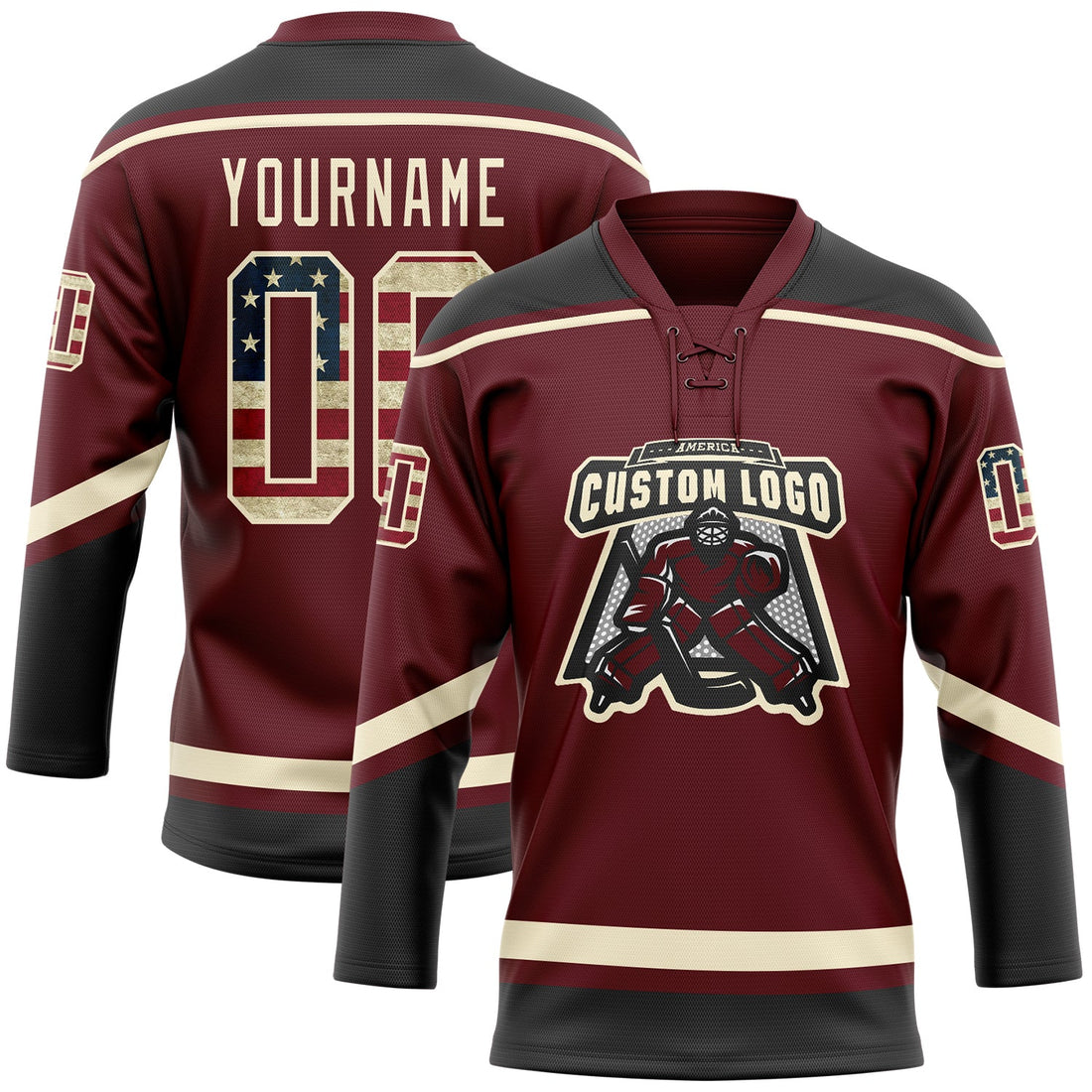 Custom Burgundy Vintage USA Flag Black-Cream Hockey Lace Neck Jersey