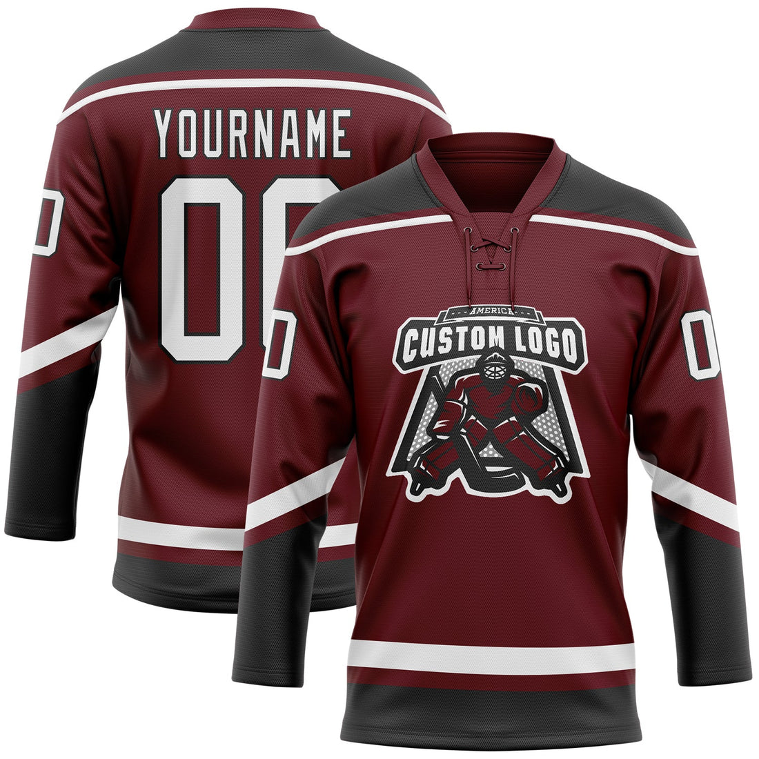 Custom Burgundy White-Black Hockey Lace Neck Jersey