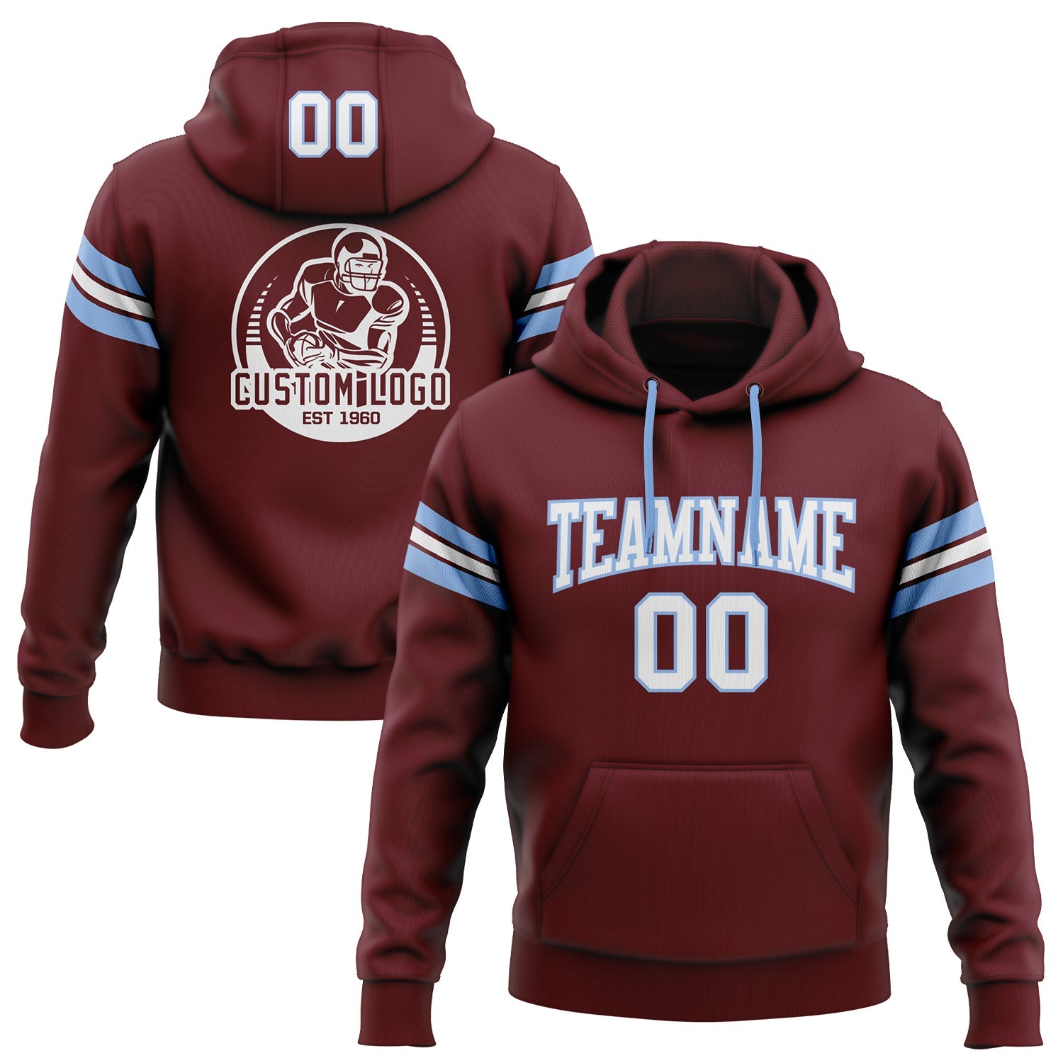 Custom Stitched Burgundy White-Light Blue Football Pullover Sweatshirt Hoodie