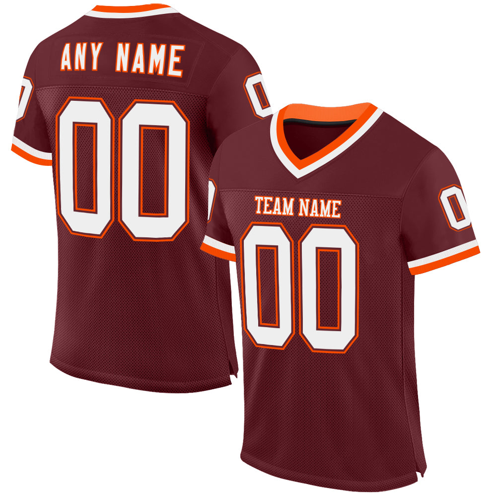 Custom Burgundy White-Orange Mesh Authentic Throwback Football Jersey