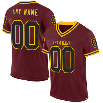 Custom Burgundy Black-Gold Mesh Authentic Throwback Football Jersey