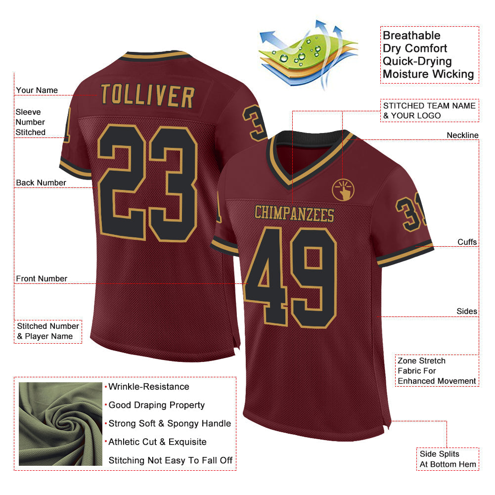 Custom Burgundy Black-Old Gold Mesh Authentic Throwback Football Jersey