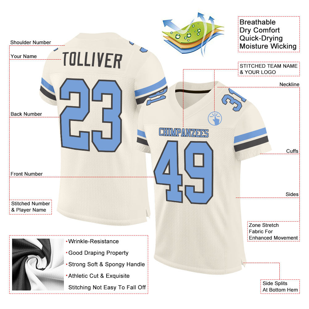 Custom Cream Light Blue-Steel Gray Mesh Authentic Football Jersey