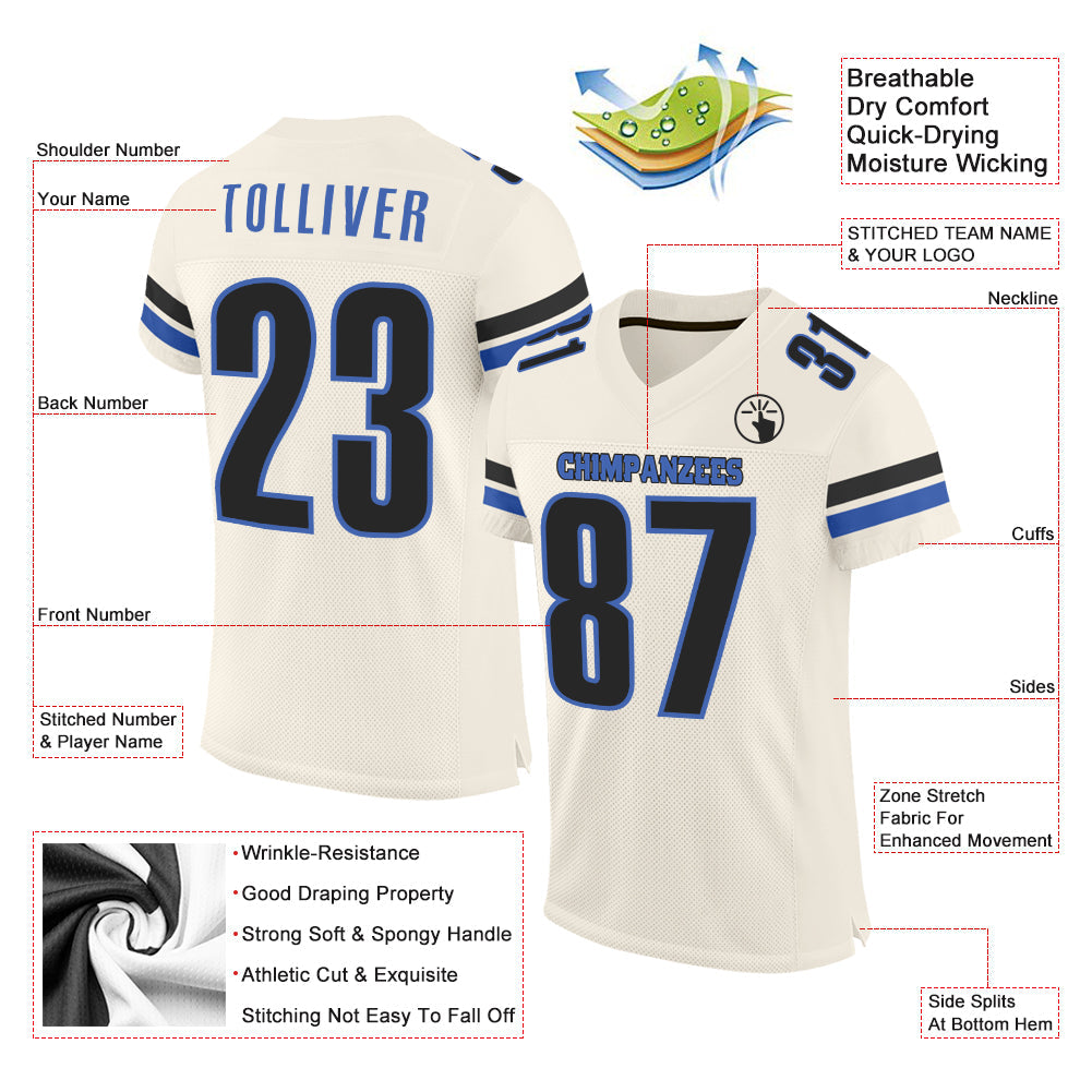 Custom Cream Blue-Black Mesh Authentic Football Jersey