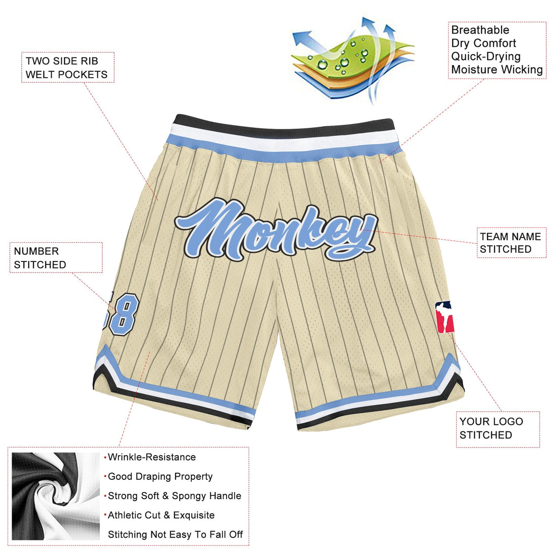 Custom Cream Black Pinstripe Light Blue-White Authentic Basketball Shorts